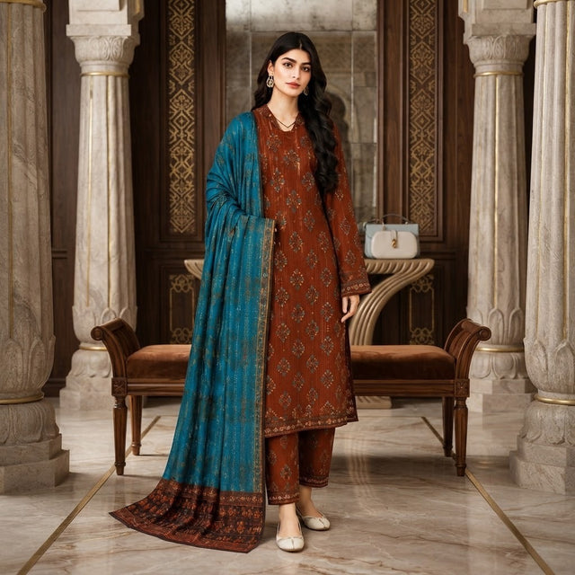 Unstitch Rust Brown & Teal 3 Piece Premium Printed Lawn Suit – Air Jet Lawn