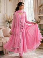 3 Piece Chiffon Maxi Suit for Women — Pink Stitched Frock with Sequin Dupatta