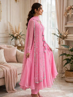 3 Piece Chiffon Maxi Suit for Women — Pink Stitched Frock with Sequin Dupatta