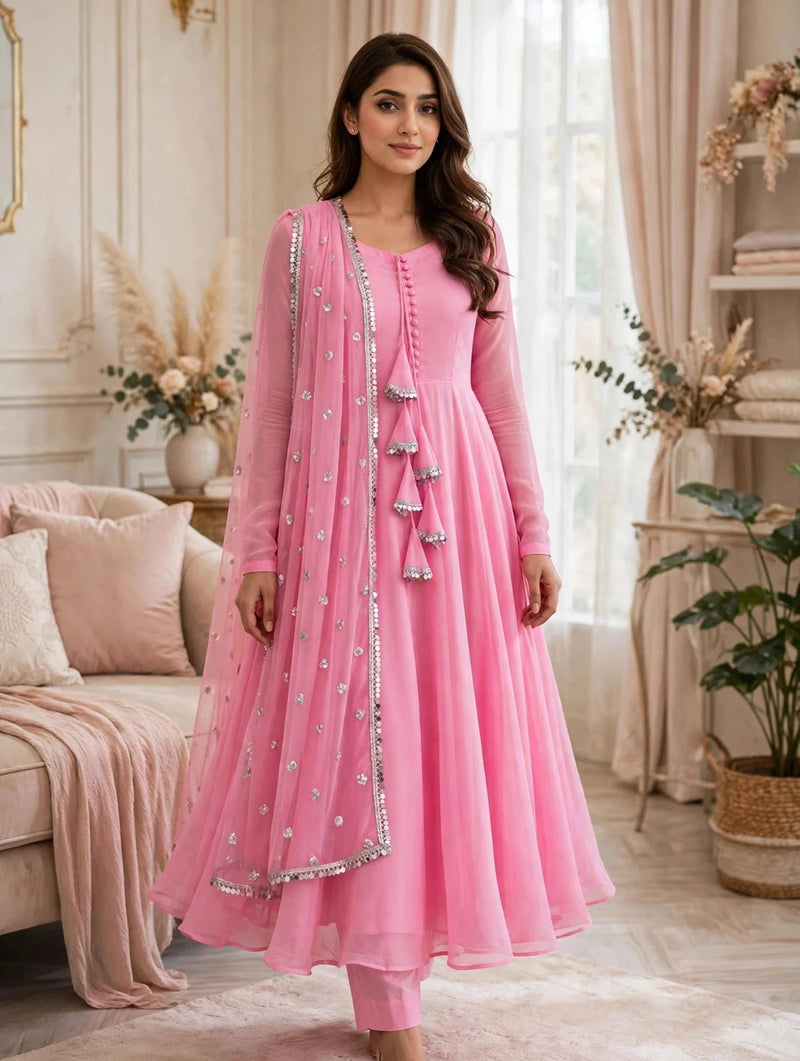 3 Piece Chiffon Maxi Suit for Women — Pink Stitched Frock with Sequin Dupatta